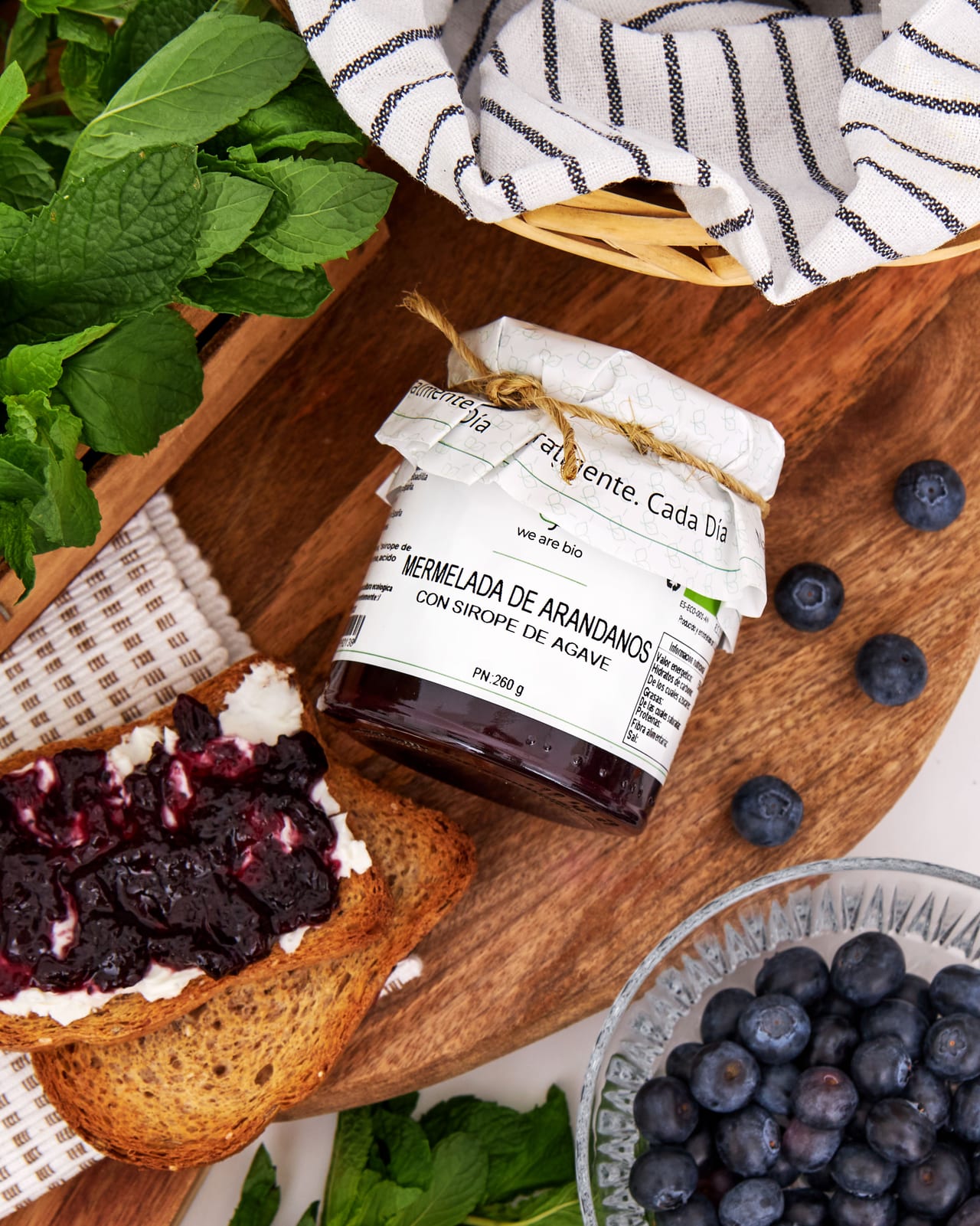 Blueberry preserve on toast overhead